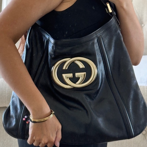 Like New Gucci Web Britt Interlocking G Black Leather Shoulder Hobo Bag - Picture 1 of 11